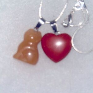 Boho Hippie Agate Cat and Red Jasper Heart ❤️ Silver 24” Neck…